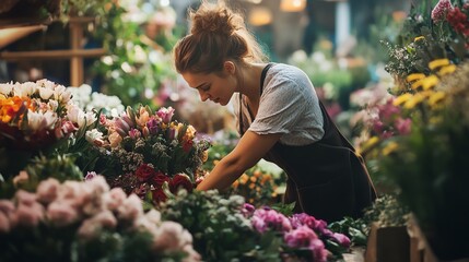 Florist arranging colorful flowers in shop