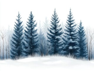 Fototapeta premium Snowy winter landscape featuring tall evergreen trees against a white background.