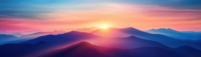 Obraz premium Stunning sunrise over misty mountains, showcasing vibrant colors and serene atmosphere, perfect for nature lovers and adventurers.