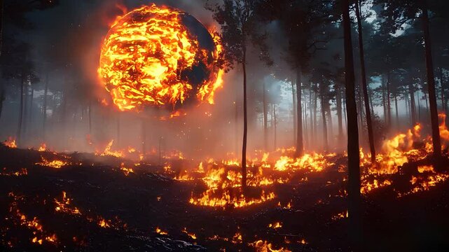 Apocalyptic Forest Fire with Glowing Fiery Sphere in Dark Sky

