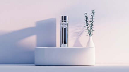A modern bathroom sink with a chrome faucet and a sprig of greenery in a vase.