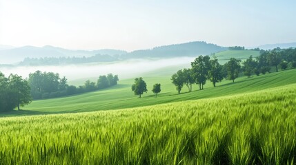 Fototapeta premium Vibrant green fields with misty hills in the background, showcasing serene natural beauty.