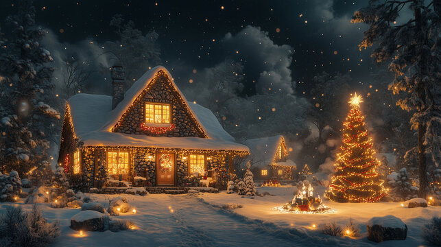 A Cozy Winter Cottage Adorned With Festive Lights and a Decorated Christmas Tree at Night