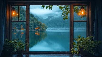 Serene lake view through a cozy window with plants and soft lighting.