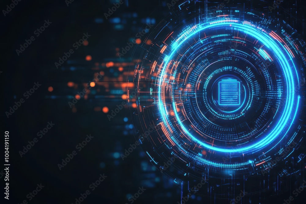 Poster circular abstract lock with spinning elements, holographic data streams, dark background, glowing bl