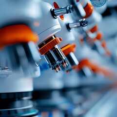 Research facility with robotic arms handling experiments, 3D illustration