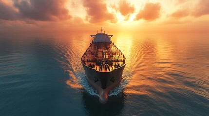 Fototapeta premium A large cargo ship sails through the water at sunset.