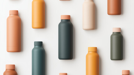 A flat lay of colorful water bottles arranged in a grid pattern against a white background.