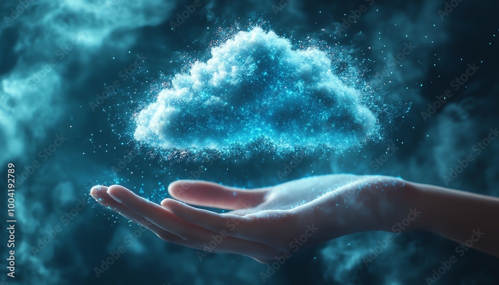 Poster virtual cloud grasped by a hand, symbolizing the acceleration of digital transformation through the 
