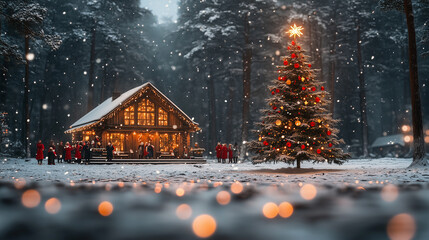 Cozy Winter Gathering Near a Beautifully Decorated Christmas Tree in a Snow Covered Forest