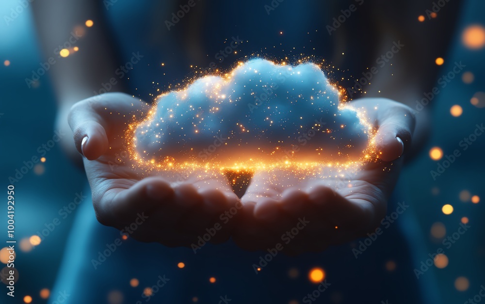 Poster virtual cloud held in a persons hand, representing the rapid digital transformation and adoption of 