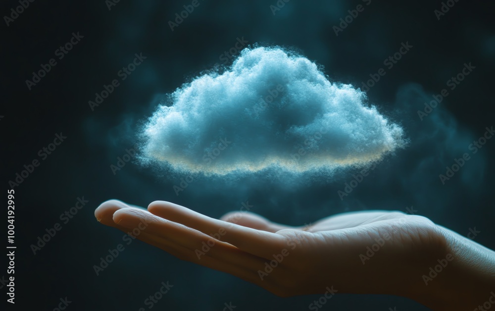 Poster virtual cloud held in a persons hand, representing the rapid digital transformation and adoption of 
