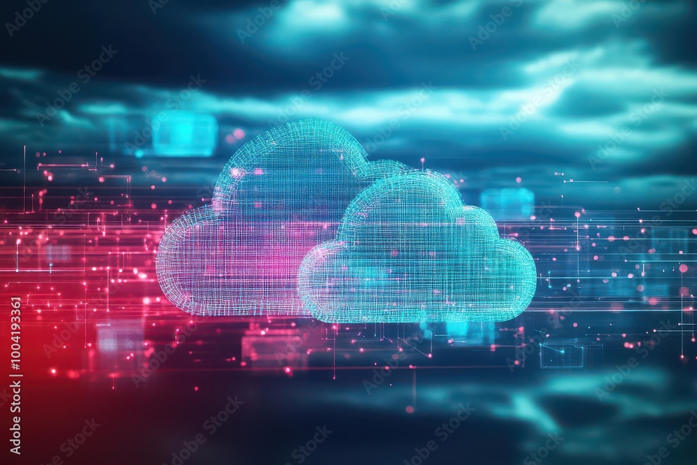Poster Cloud computing represented as data streams in the sky, futuristic setting, 3D illustration