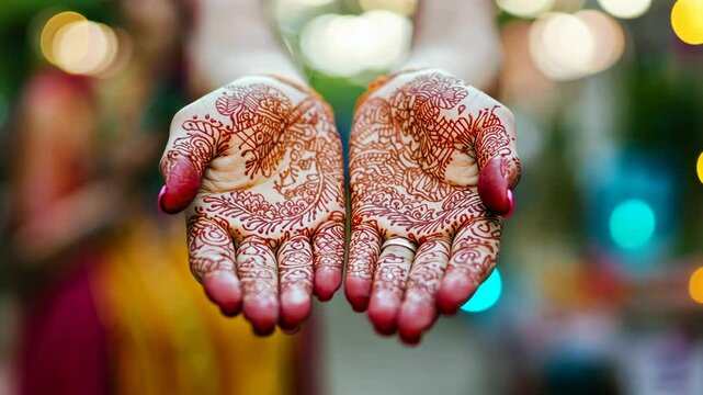 Intricate henna patterns adorn the palms of a bride, a traditional Indian wedding custom