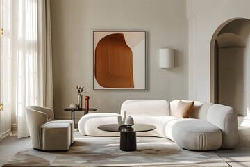 Modern, minimalist living room with neutral tones, with pictures on the wall, perfect for mock up, elegant design