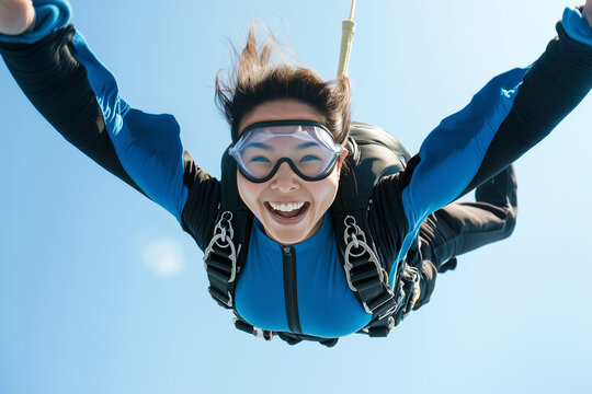 A joyful tandem skydive captured mid-air, showing a smiling woman and her instructor freefalling against a backdrop of a clear blue sky.