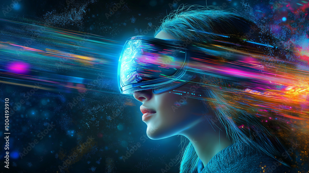 Poster girl in hi-tech vr glasses with elements of artificial intelligence. background in a high-tech style