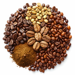 Fototapeta premium Coffee Beans, Ground Coffee, and Roasted Beans on white background