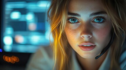 Naklejka premium focused female call center agent handling tasks with dedication illuminated by computer screens in the bustling customer service hub showcasing commitment and professionalism