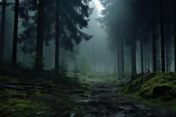 Obraz premium Misty forest outdoors woodland nature.