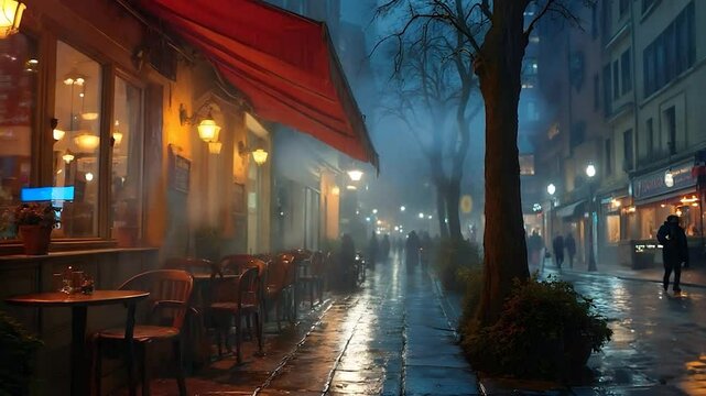 Rainy Night on a European Street with Cozy Cafe and Street Lights