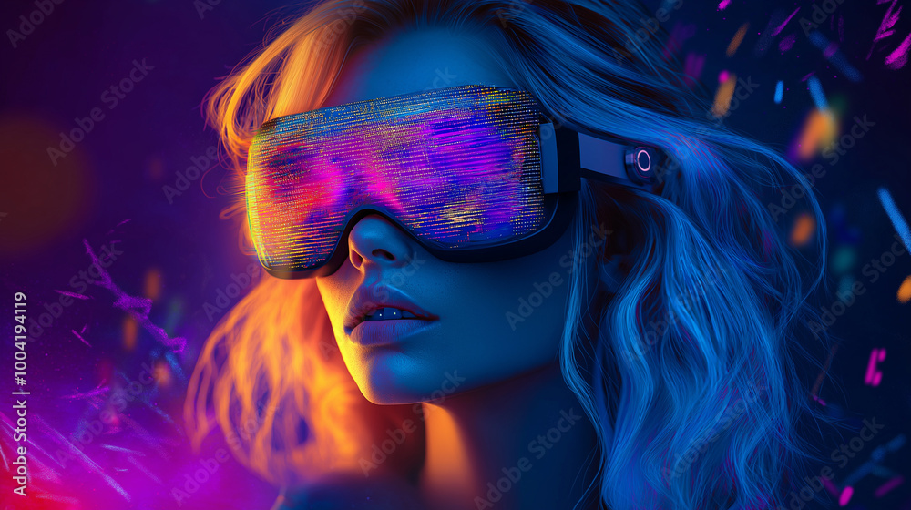 Poster girl in hi-tech vr glasses with elements of artificial intelligence. background in a high-tech style