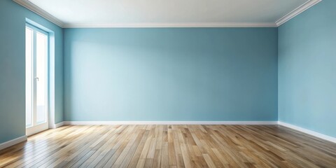 Fototapeta premium Minimalist empty room with light blue walls and wooden floor for interior design projects