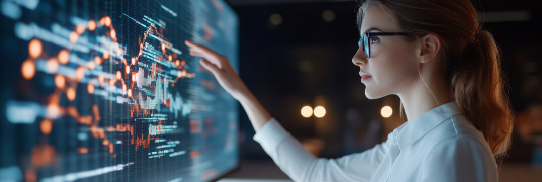 A focused woman interacts with digital display, analyzing data visualizations and trends. environment is modern and tech oriented, reflecting professional atmosphere