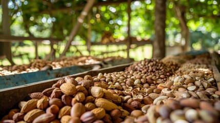 Obraz premium Assorted Dried Nuts and Fruits in a Wooden Crate in a Fall Forest Setting