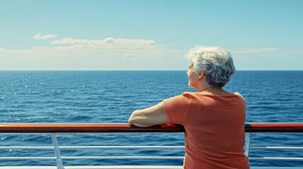 A serene elderly woman gazes out at the calm sea from a cruise ship, enjoying a moment of contemplation under a clear blue sky.