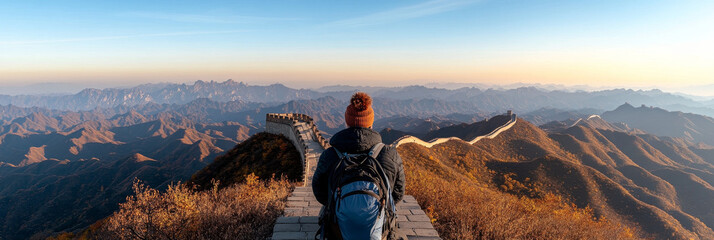 A traveler gazes at breathtaking view from Great Wall of China, surrounded by majestic mountains and serene landscape. golden hour casts warm glow, enhancing beauty of this iconic site