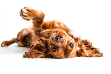Naklejka premium Photo of a happy English Cocker Spaniel puppy playing, shown from above in a top-down view on a white background