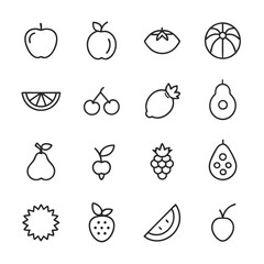 Minimalist Fruit Outline Icons Set with Clean Lines and Modern Black and White Style