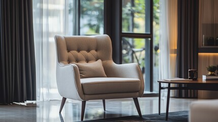 A living room with a light beige armchair and a large window overlooking a backyard.