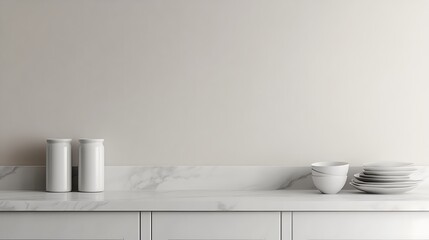  White kitchen tabletop for product presentation. Empty marble countertop. Minimalistic mockup for restaurant or beauty ad design. 