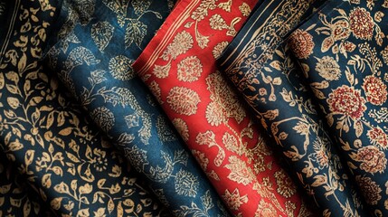 Traditional textile block print pattern like Ajrakh or Ikat, featuring abstract hand block prints, representing various cultural styles. -