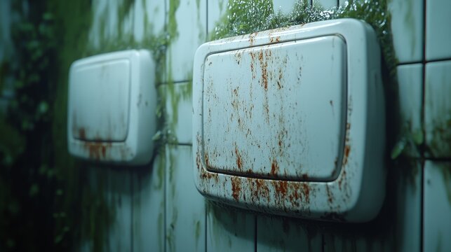 Germs scattered on bathroom light switches, [germs, bathroom], [representing unnoticed contamination], photorealistic