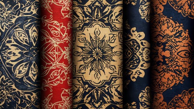 Traditional textile block print pattern like Ajrakh or Ikat, featuring abstract hand block prints, representing various cultural styles. -