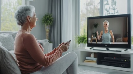 An older woman watches a fitness program on TV, engaged and ready to participate, demonstrating the integration of technology in home wellness routines.