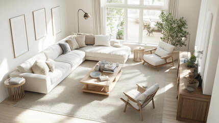 A bright and airy living room featuring spacious white sectional sofa adorned with soft pillows, wooden coffee table, and natural decor elements. large windows allow sunlight to fill space, creating w