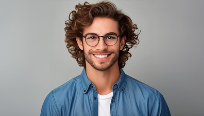 Obraz premium smiling young Caucasian man with glasses and wavy hair in a denim shirt, against a gray background