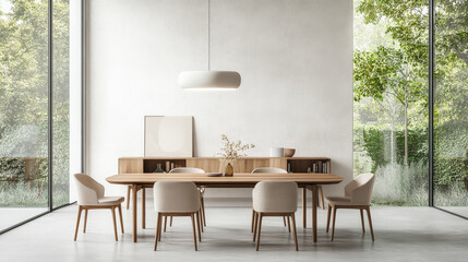 A modern dining room featuring wooden table and stylish chairs, surrounded by large windows that bring in natural light and greenery. serene atmosphere invites relaxation and gatherings