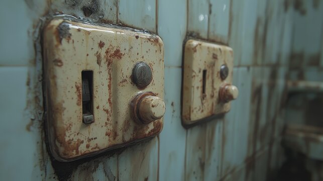 Pathogenic bacteria on bathroom light switches, [germs, bathroom], [showing unnoticed contamination], photorealistic