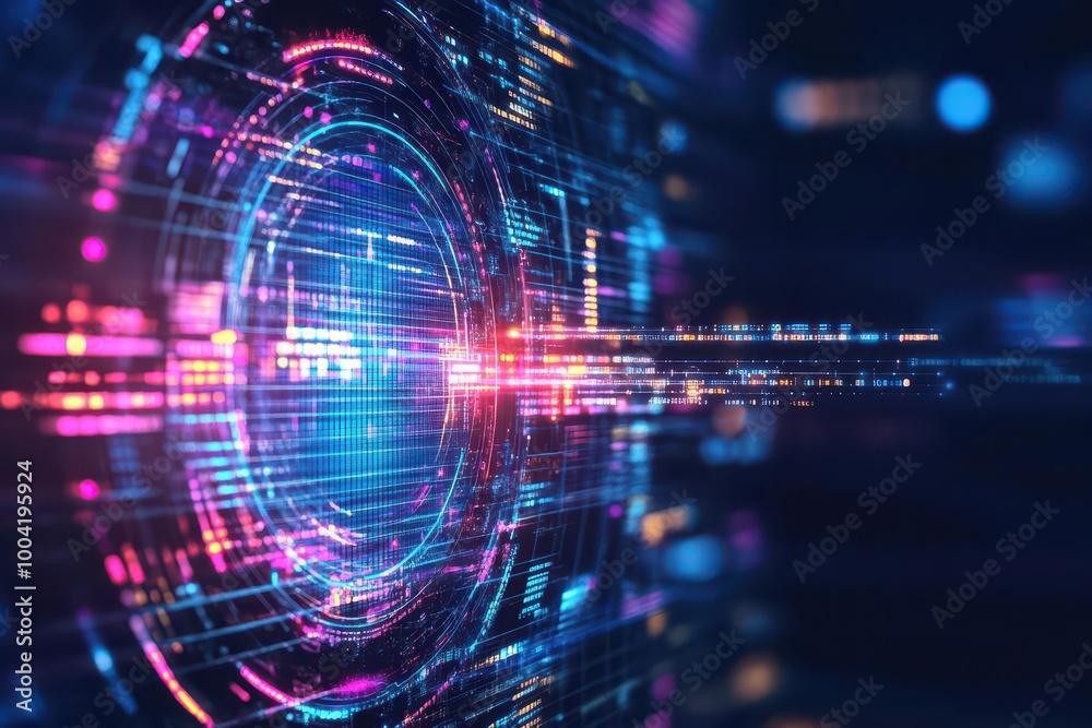 Poster cybersecurity hologram, digital firewall, neon gridlines, futuristic tech interface
