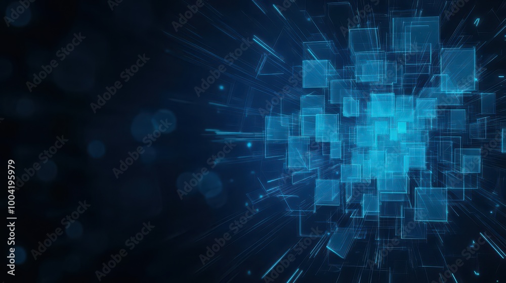 Poster dark blue abstract background with layered geometric patterns, futuristic architecture, holographic 