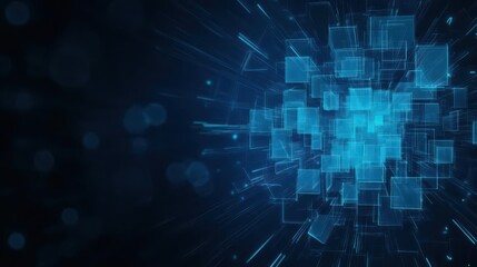Dark blue abstract background with layered geometric patterns, futuristic architecture, holographic details, sharp edges, modern digital art