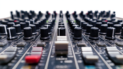 Mixing consoles for adjusting audio levels and effects isolated on white background