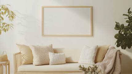 A cozy living room scene featuring light colored sofa adorned with various textured cushions. warm ambiance is enhanced by natural light and greenery, creating serene atmosphere