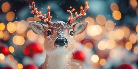 Cute reindeer with glowing antlers in a snowy Christmas setting with festive lights