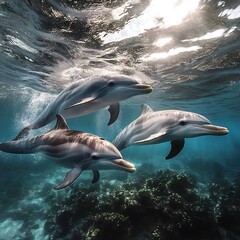 Obraz premium Dolphins exploring vibrant coral reefs in clear ocean waters